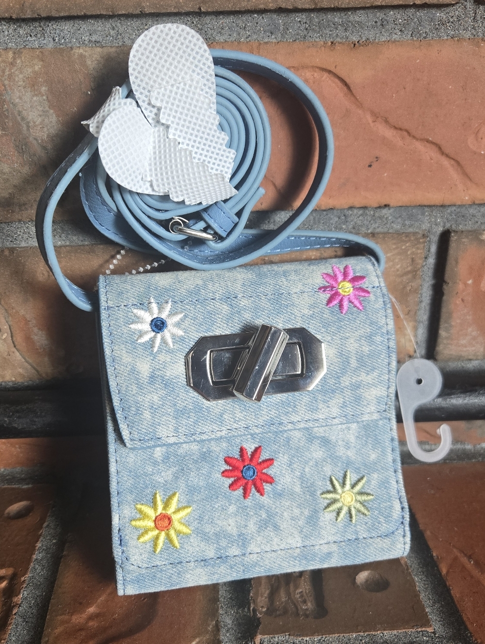 Nobo Light Blue Denim Crossbody Bag with Embroidered Flowers